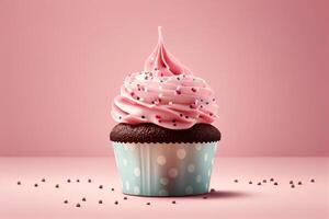 Cupcake mit Rosa Sahne auf ein Rosa Hintergrund. 3d Rendern generativ ai foto