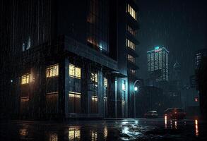 Nacht Stadtbild mit alt Gebäude und fallen Regen. 3d Rendern generativ ai foto