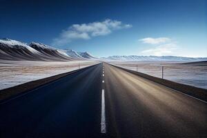 leeren Asphalt Straße im Island mit Schnee gekappt Berge im das Hintergrund. generativ ai foto