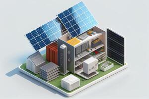 3d isometrisch Illustration von ein Gebäude mit Solar- Paneele auf das Dach generativ ai foto
