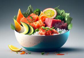 hawaiisch Sashimi Schüssel mit Lachs, Thunfisch, Avocado und Gemüse generativ ai foto
