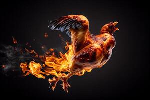 gegrillt Hähnchen Flügel auf das Grill mit Flammen auf ein schwarz Hintergrund generativ ai foto
