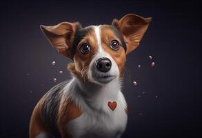 Porträt von ein süß Hund auf ein dunkel Hintergrund mit Herzen. generativ ai foto