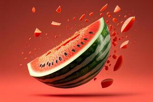 Wassermelone mit spritzt und Tropfen von Wasser. 3d Illustration generativ ai foto