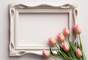 Strauß von Rosa Tulpen im ein Rahmen auf ein Weiß Hintergrund generativ ai foto
