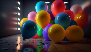 Geburtstag Party Hintergründe Luftballons Konfetti Party Gadgets ai generiert Bild foto