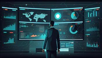 zurück Aussicht von Analytiker Arbeiten im jung Geschäftsmann Linie Diagramm realistisch ai generiert Bild foto