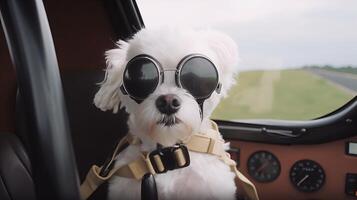 Hund Fahren klein Auto mit Piloten Gläser, generativ ai foto