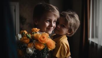 wenig Junge halten Blumen, umarmen seine Mutter und feiern Mutter Tag. generativ ai foto