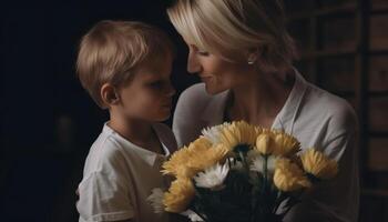 wenig Junge halten Blumen, umarmen seine Mutter und feiern Mutter Tag. generativ ai foto