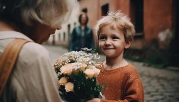 wenig Junge halten Blumen, umarmen seine Mutter und feiern Mutter Tag. generativ ai foto