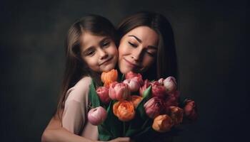 wenig Mädchen halten Blumen, umarmen ihr Mutter und feiern Mutter Tag. generativ ai foto