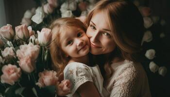 wenig Mädchen halten Blumen, umarmen ihr Mutter und feiern Mutter Tag. generativ ai foto