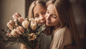 wenig Mädchen halten Blumen, umarmen ihr Mutter und feiern Mutter Tag. generativ ai foto