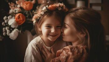 wenig Mädchen halten Blumen, umarmen ihr Mutter und feiern Mutter Tag. generativ ai foto