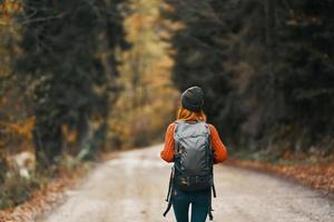 Reisender mit ein Rucksack im das Wald auf das Straße im Herbst Bäume Modell- foto