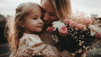 wenig Mädchen halten Blumen, umarmen ihr Mutter und feiern Mutter Tag. generativ ai foto