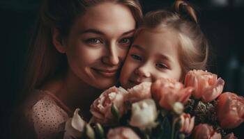 wenig Mädchen halten Blumen, umarmen ihr Mutter und feiern Mutter Tag. generativ ai foto