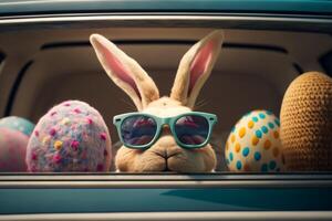 süß Ostern Hase im Brille suchen aus von ein Auto gefüllt mit Ostern Eier, generativ ai foto