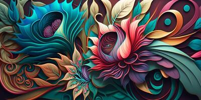abstrakt bunt Blumen- Muster Dekorationen mit Grunge Textur und Einzelheiten zum Hintergrund Hintergrund oder Hintergrund. tropisch exotisch Blumen im hell Farben. generativ ai. foto