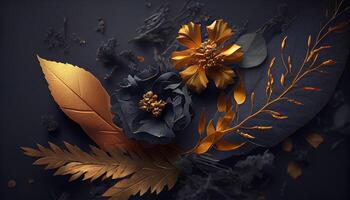 Luxus und elegant Blau und golden Staub Blumen, und Ast Blätter auf dunkel Blau Hintergrund. Jahrgang Blumen- Dekoration. eben legen, oben Aussicht Fantastisch Pflanze 3d Illustration. generativ ai. foto