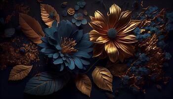 Luxus und elegant Blau und golden Staub Blumen, und Ast Blätter auf dunkel Blau Hintergrund. Jahrgang Blumen- Dekoration. eben legen, oben Aussicht Fantastisch Pflanze 3d Illustration. generativ ai. foto