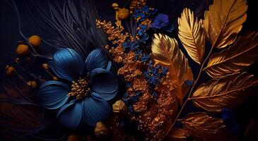 Luxus und elegant Blau und golden Staub Blumen, und Ast Blätter auf dunkel Blau Hintergrund. Jahrgang Blumen- Dekoration. eben legen, oben Aussicht Fantastisch Pflanze 3d Illustration. generativ ai. foto