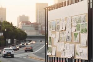 Illustration von ein beschäftigt städtisch Straße mit Autos und Fußgänger erstellt mit generativ ai Technologie foto