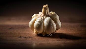 Knoblauch isoliert auf ein Holz Hintergrund, generativ ai foto