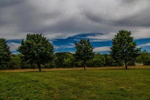 Sommer- Landschaft mit Grün Bäume, Wiese, Felder und Himmel mit Weiß Wolken foto