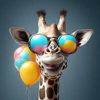 komisch Giraffe mit Luftballons zum ein Geburtstag oder Party, generativ ai foto