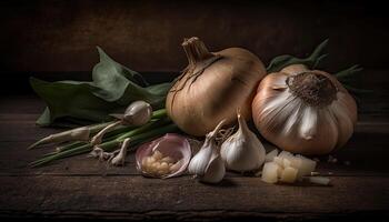 Knoblauch und Zwiebeln, generativ ai foto