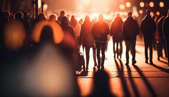 Menge von Menschen Gehen im das Straße mit Sanft Bokeh, schnell ziehen um im Stadt, generativ ai foto