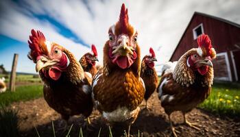 ein Herde von neugierig Hühner spähen in das Kamera, Nahansicht Schuss. ai generiert foto