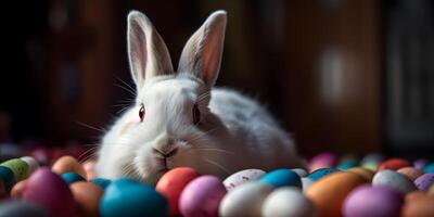 Ostern Hase mit viele bunt Ostern Eier. Hintergrund. generativ ai foto