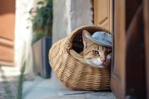 süß Katze tragen ein Deckel, Lügen im ein Korb, Hintergrund Haus Tür. foto