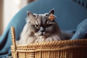 süß Katze tragen ein Deckel, Lügen im ein Korb, Hintergrund Haus Tür. foto