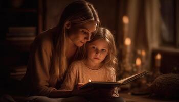 ein Moment von ein Mutter und Kind gekuschelt oben zusammen lesen ein Buch, mit Sanft Beleuchtung und gemütlich Umfeld. Mutter Tag. generativ ai foto