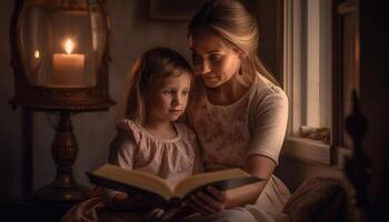 ein Moment von ein Mutter und Kind gekuschelt oben zusammen lesen ein Buch, mit Sanft Beleuchtung und gemütlich Umfeld. Mutter Tag. generativ ai foto