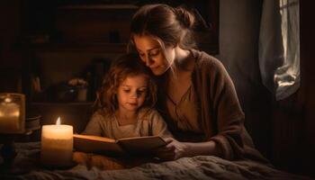 ein Moment von ein Mutter und Kind gekuschelt oben zusammen lesen ein Buch, mit Sanft Beleuchtung und gemütlich Umfeld. Mutter Tag. generativ ai foto