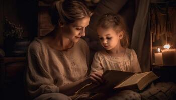 ein Moment von ein Mutter und Kind gekuschelt oben zusammen lesen ein Buch, mit Sanft Beleuchtung und gemütlich Umfeld. Mutter Tag. generativ ai foto