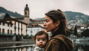 Mutter und Kind erkunden ein Neu Stadt oder Ort zusammen, mit interessant Sehenswürdigkeiten und Geräusche im das Hintergrund. Mutter Tag. generativ ai foto