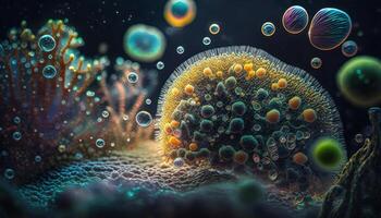Bakterien und Virus Zellen Welt unter das Mikroskop erstellt mit generativ ai Technologie foto