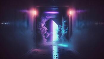 Rauch Nebel futuristisch Halle Gang mit Neon- Laser- LED Blau lila glühend Tunnel Metall Betrachtung. generativ ai foto
