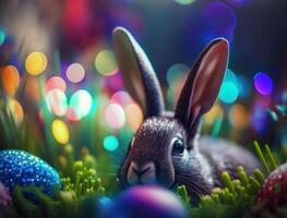 glücklich Ostern Hintergrund Konzept Hase mit Ostern Eier auf Wiese mit Blumen erstellt mit generativ ai Technologie foto