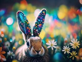 glücklich Ostern Hintergrund Konzept Hase mit Ostern Eier auf Wiese mit Blumen erstellt mit generativ ai Technologie foto