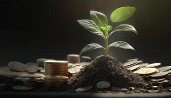 wachsend Geld - - Pflanze auf Münzen - - Finanzen und Investition Konzept. generativ ai foto