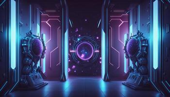 3d Illustration von Blau und lila futuristisch Sci-Fi Techno Lichter-cool Hintergrund. generativ ai foto