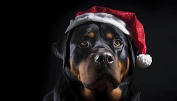 Rottweiler im Santa Hut. generativ ai. foto