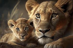 Löwe Mutter mit Jungtier. generativ ai. foto